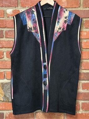Joyce Fogle Art-to-Wear Vest medium Black Wool Silk Trim Abstract Button FLAWS